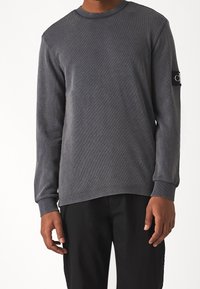 Sweat-shirt gris à manches longues en tissu texturé, avec un col rond et un petit écusson logo sur la manche gauche.