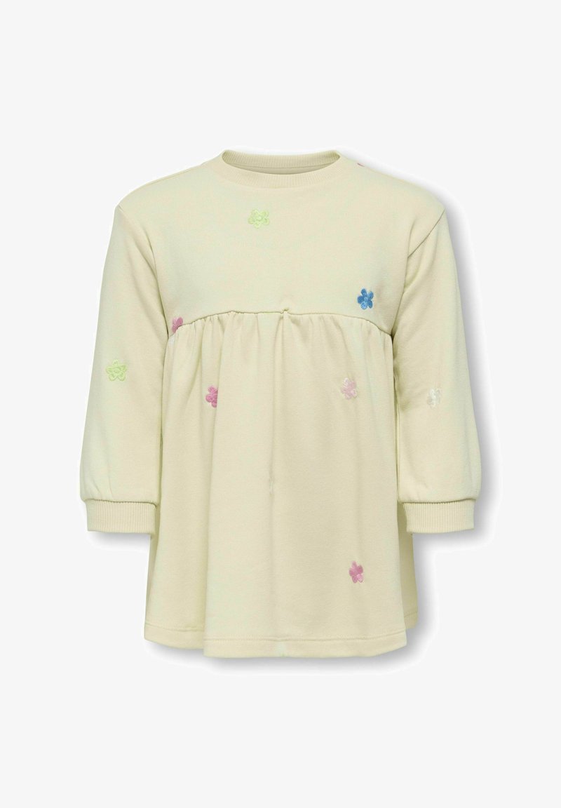 Helles gelbes Langarmoberteil mit gerafftem Bund, das dezente floralem Stickerei in Rosa, Blau und Grün aufweist. Weicher Stoff, runder Ausschnitt.