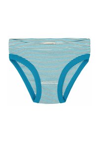 Blauw-witte gestreepte katoenen slipjes met een zachte tailleband en contrasterende blauwe rand rond de beenopeningen.