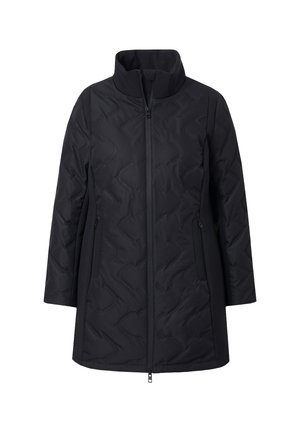 Sort kviltet lang jakke med opretstående krave, fuld frontlynlås og lynlåslommer på siden, designet til koldt vejr.