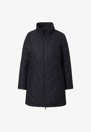 Schwarze, gesteppt lange Jacke mit Stehkragen, durchgehendem Reißverschluss und seitlichen Reißverschlusstaschen, gestaltet für kaltes Wetter.