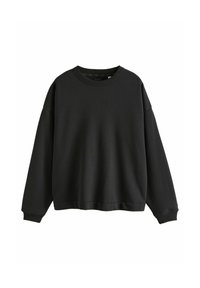 Sort sweatshirt lavet af et blødt, tykt materiale. Har en rund halsudskæring, faldne skuldre og ribbede manchetter og kant. Diskret logo vist.