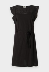 Black dress with short, ruffled sleeves and a relaxed fit. Features a belt at the waist and textured top panel. Made of soft fabric.
