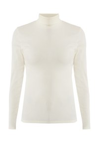 Helle kremfarbene, langärmlige Rollkragenbluse aus geripptem Stoff, mit taillierter Form und glatter Textur.