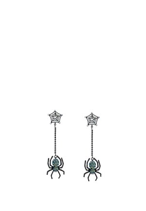 Boucles d'oreilles araignée noires avec des clous en forme de toile d’araignée et des araignées pendantes décorées de petites perles bleues.