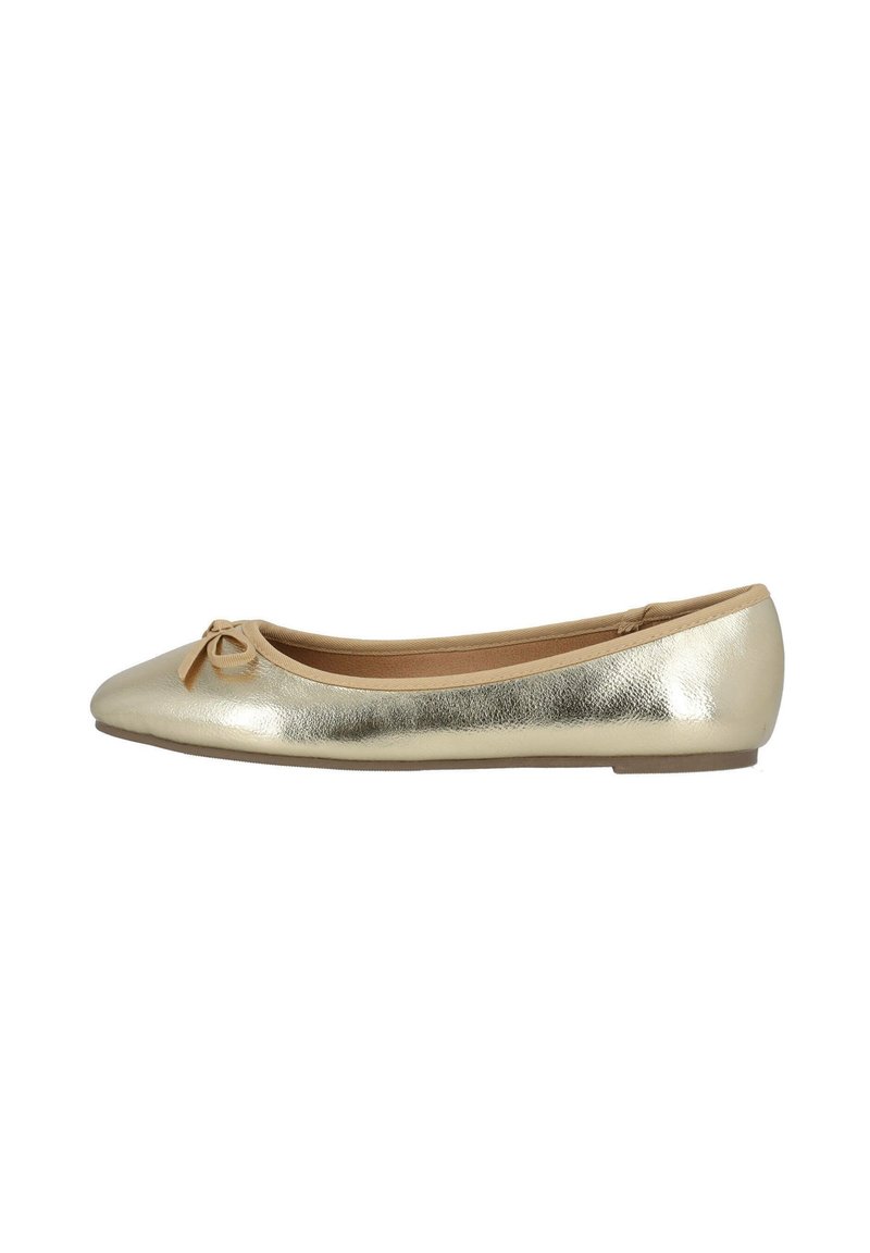 Ballerine in pelle dorata con punta rotonda, sottile fiocco decorativo davanti e suola piatta in gomma. Tessuto morbido.
