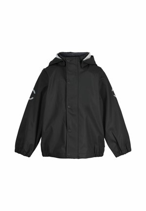 Schwarze wasserdichte Kapuzenjacke mit Druckknopfleiste und elastischen Bündchen, mit reflektierenden Details an den Ärmeln.