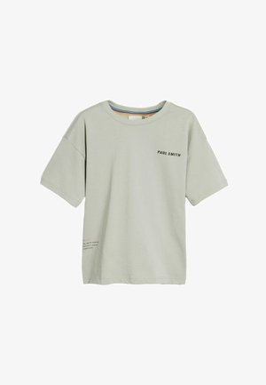 Camiseta de algodón gris claro con un corte relajado, cuello redondo y mangas cortas. Presenta "PAUL SMITH" en texto negro en la parte delantera.