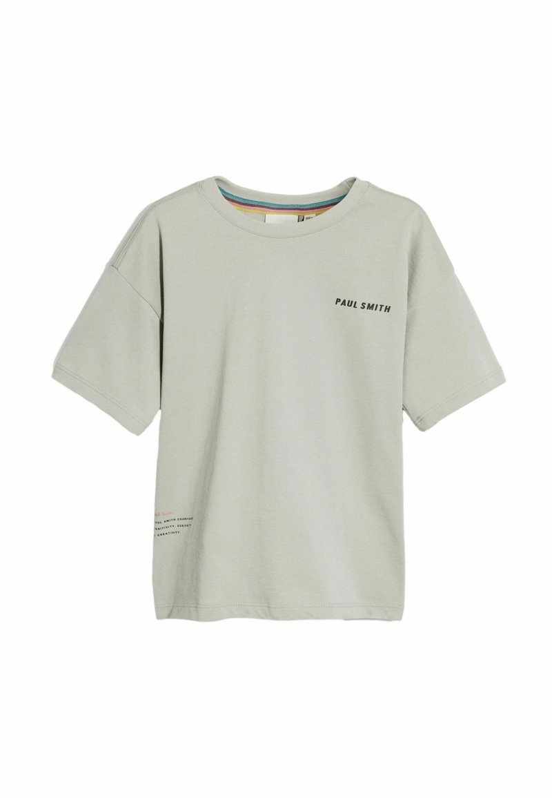 Camiseta de algodón gris claro con un corte relajado, cuello redondo y mangas cortas. Presenta "PAUL SMITH" en texto negro en la parte delantera.