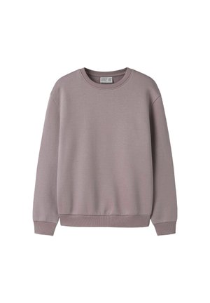 Sweat-shirt uni mauve clair à col rond, manches longues et poignets et base côtelés sur fond blanc.