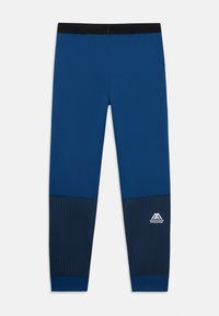 Mėlynos sportinės leggins su juodu juosmeniu, turinčios tekstūruotą tamsiai mėlyną dalį apatiniuose kojų regionuose ir baltą logotipą ant kulkšnies.