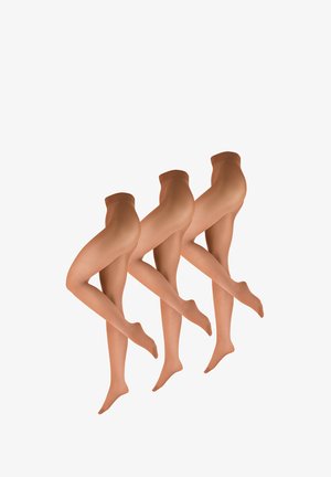 Drie paar beige doorschijnende panty's, met één been licht gebogen en opgetild, weergegeven op een witte achtergrond.