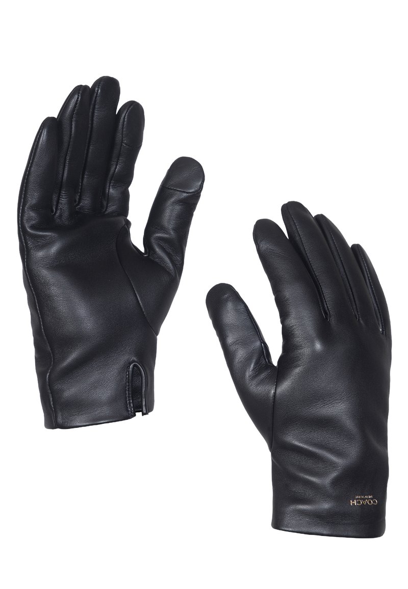 Gants en cuir noir avec une texture lisse et un design ajusté. Présente une fermeture éclair et un logo discret au niveau du poignet.