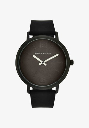 Reloj de pulsera Skechers negro con esfera oscura, manecillas blancas de horas y minutos, marcadores en relieve en el 12 y el 6, y correa de silicona negra, mostrando las 10:10.