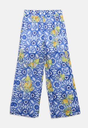 Pantaloni blu con motivo floreale, caratterizzati da una cintura elastica, gambe larghe e disegni intricati blu e gialli su tutta la superficie.