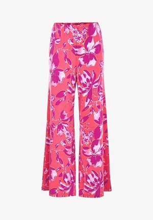 Bloemist-patronen wijde broek in levendig roze en paars. Elastische tailleband. Gladde stof met grote bloemen en verfijnde motieven.