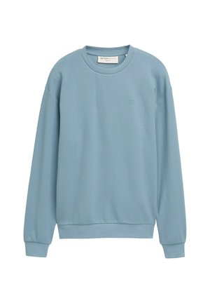 Lichtblauwe, gestructureerde, lange mouw, ronde hals sweatshirt met geribbelde manchetten en zoom, minimalistisch design en een klein geborduurd logo op de borst.