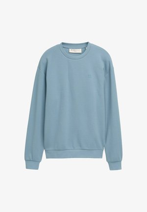 Lichtblauwe, gestructureerde, lange mouw, ronde hals sweatshirt met geribbelde manchetten en zoom, minimalistisch design en een klein geborduurd logo op de borst.