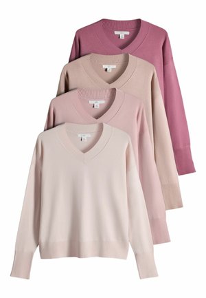 Fire langærmede V-hals sweatere arrangeret i en stak med farver fra lyse beige til mørk rosa.