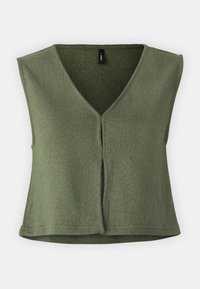 Bez rękawów, dzianinowy kamizelk w kolorze oliwkowym, z dekoltem w kształcie litery V i otworem z przodu.