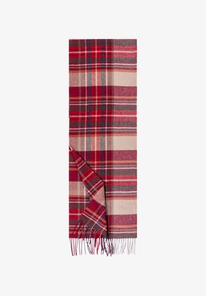 Red and grey plaid scarf featuring fringe detailing, soft texture, and a woven pattern with varying shades of red, beige, and grey.