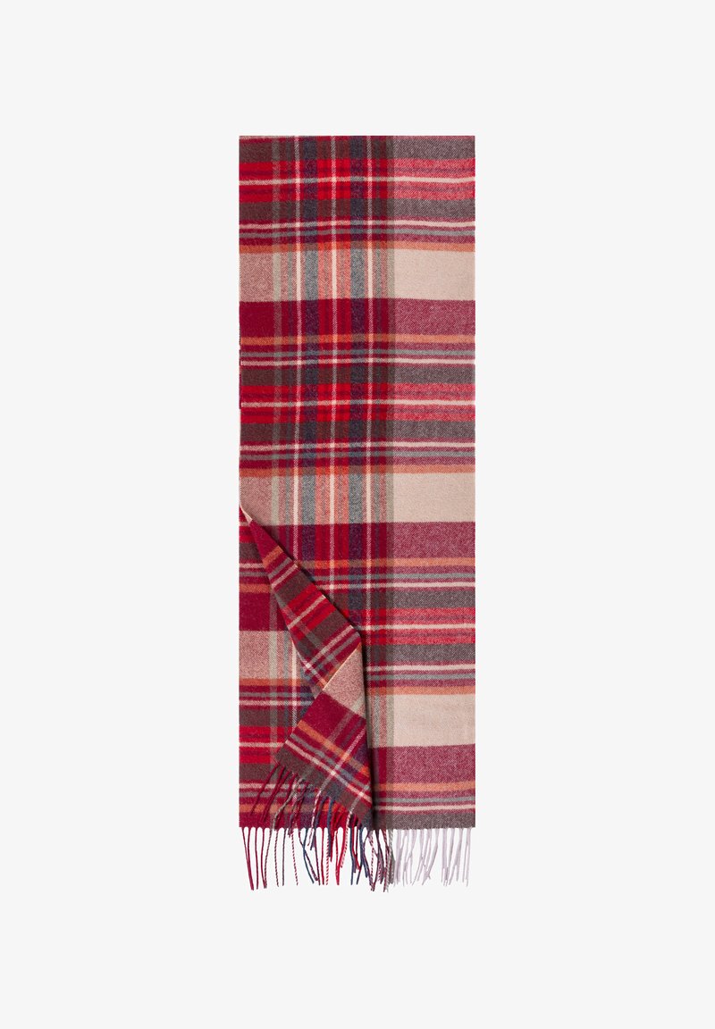 Red and grey plaid scarf featuring fringe detailing, soft texture, and a woven pattern with varying shades of red, beige, and grey.