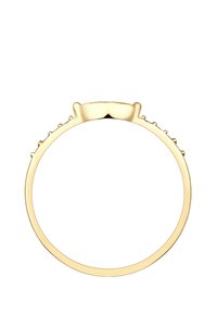 Goldring mit einem glatten Band, das oben einen leicht erhöhten Abschnitt und kleine dekorative Akzente entlang der Seiten aufweist.