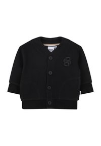 Cardigan nero con scollo a V, maniche lunghe, chiusura con cinque bottoni e logo "B" in rilievo sul petto sinistro. Tessuto morbido con orlo a costine.
