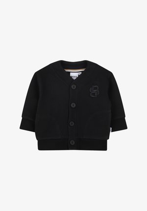 Zwarte cardigan met een V-hals, lange mouwen, sluiting met vijf knopen en een textuurlogo "B" op de linkerborst. Zachte stof met geribbelde zoom.