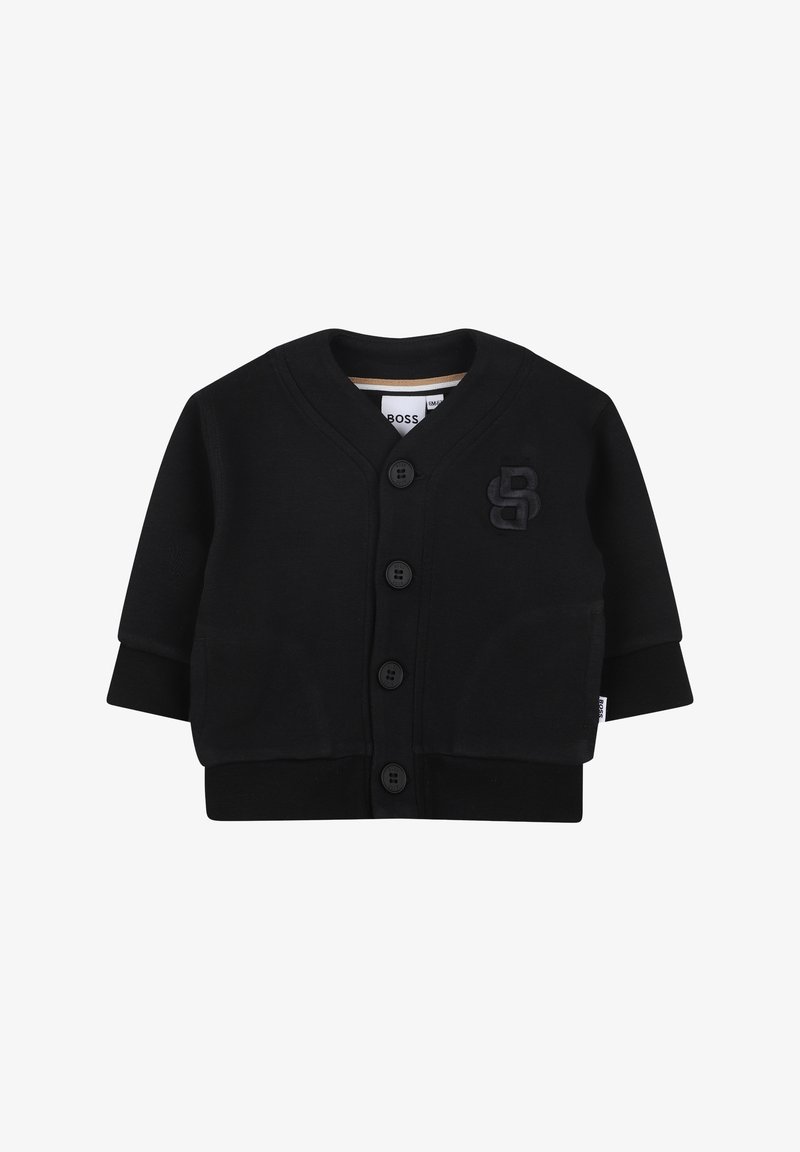 Cardigan nero con scollo a V, maniche lunghe, chiusura con cinque bottoni e logo "B" in rilievo sul petto sinistro. Tessuto morbido con orlo a costine.