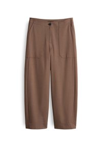 Bruine, brede broek van een gladde stof. Bevat twee voorzakken en een knoopsluiting. Rechte zoom zonder omslagen.