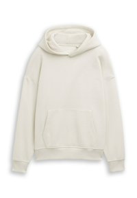 Felpa beige chiaro realizzata in tessuto morbido. Presenta una grande tasca frontale, un cappuccio con coulisse e polsini e orlo a coste. Design semplice.