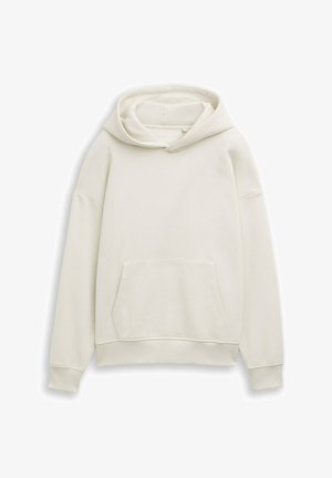 Felpa beige chiaro realizzata in tessuto morbido. Presenta una grande tasca frontale, un cappuccio con coulisse e polsini e orlo a coste. Design semplice.
