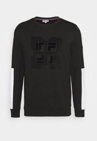 Czarna bluza z białymi akcentami na rękawach, z teksturowanym czarnym logo na przodzie. Wykonana z miękkiego materiału, z okrągłym dekoltem.