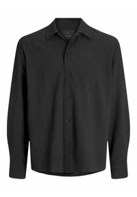 Zwarte langslavige shirt met een gestructureerd patroon, knoopsluiting aan de voorkant, puntige kraag en rechte zoom. Gemaakt van een lichtgewicht stof.