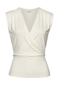 Top de color crema con mangas cortas, escote en V profundo, detalle de hombros fruncidos y cintura ajustada. Textura de tela suave y lisa.