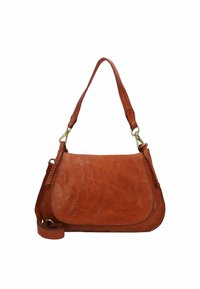 Borsa a spalla in pelle marrone con design curvo, tracolla regolabile e accessori in metallo dorato. Presenta una tasca con zip e una texture liscia.