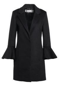 Sort frakke med skræddersyet design, der har lange ærmer med flagrende manchetter og slagkrave. Fremstillet af en struktureret uldblanding.