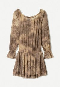 Braun gemustertes Kleid mit langen Ärmeln, elastischem Ausschnitt und ausgestellten Ärmeln; verfügt über eine geraffte Taille und einen gestuften Saum.