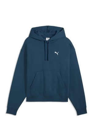 Mørkeblå hættetrøje med forlomme, snøre i hætten, lange ærmer og lille hvid Puma-logo på brystet.