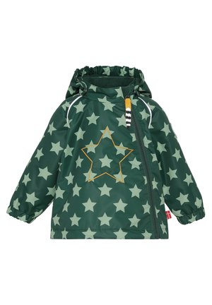 Mørkegrøn børnejakke med hætte, lys grøn stjernemønster, gul stjerneomrids på forsiden, skrå lynlås og elastiske manchetter.