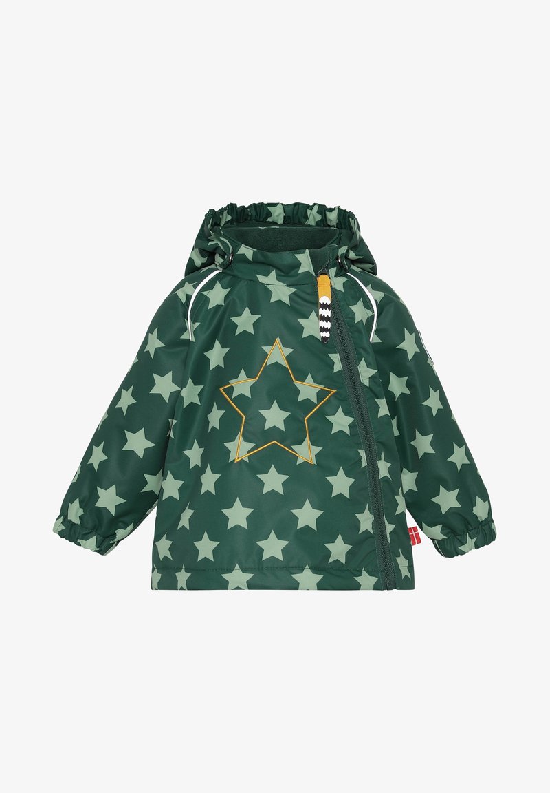 Dunkelgrüne Kinder-Hoodie-Jacke mit hellgrünem Sternenmuster, gelbem Sternumriss auf der Vorderseite, diagonalem Reißverschluss und elastischen Bündchen.