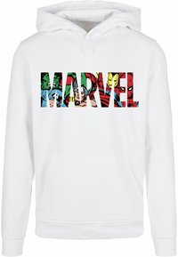 Hvit hettegenser med ordet "MARVEL" i fete, flerfargede bokstaver med tegneseriefigurillustrasjoner inni hver bokstav.