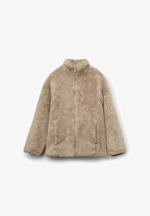 Giacca in pile color sabbia con colletto alto e zip completa. Presenta una superficie morbida e testurizzata e maniche lunghe. Design semplice e senza fronzoli.