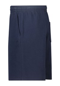 Shorts bleu marine jusqu'aux genoux avec taille élastique, poches latérales et un petit logo brodé sur le côté gauche.