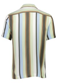 Camicia a maniche corte caratterizzata da righe verticali in verde, blu, marrone e bianco. Tessuto morbido con colletto classico e orlo dritto.