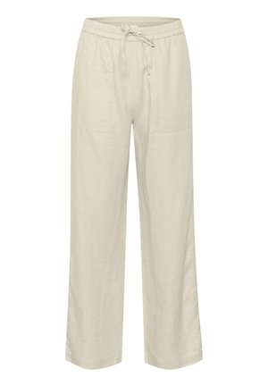 Light beige linen wide-leg pants with an elastic waistband, drawstring closure, and two front pockets. Smooth texture, relaxed fit.