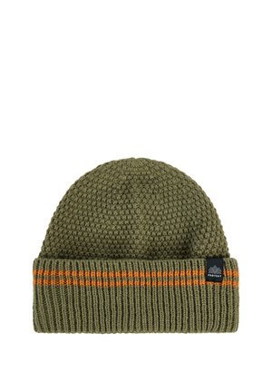 Olive green knit beanie with textured top, ribbed fold-over cuff, two orange stripes, and a small black label on the cuff.