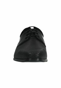Soulier noir avec un dessus texturé au motif serpent, bout rond et fermeture à lacets classique. Fini lisse sur la semelle.