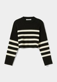 Czarny krótki sweter o prążkowanej strukturze z naprzemiennymi białymi paskami. Długie rękawy, okrągły dekolt i luźny krój.
